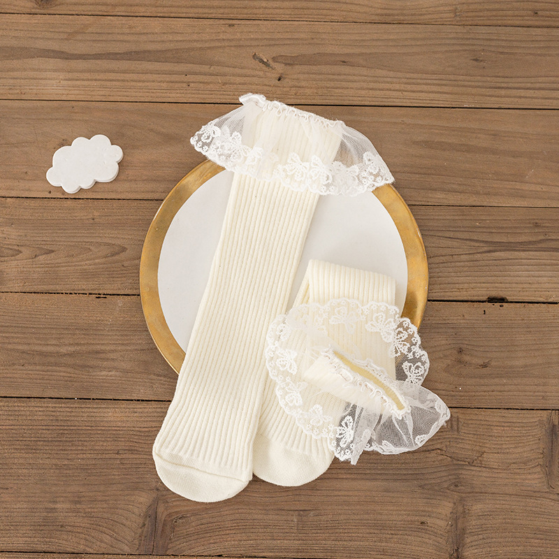 Παιδικές Κάλτσες μέχρι τη Μόσχα Φθινοπωρινές Μονόχρωμες Κορίτσια με Νήμα με Κούκλες και Δαντέλα, Κάλτσες μέχρι το γόνατο, Χτενισμένες Βαμβακερές, Γυναικείες Κάλτσες Treasure