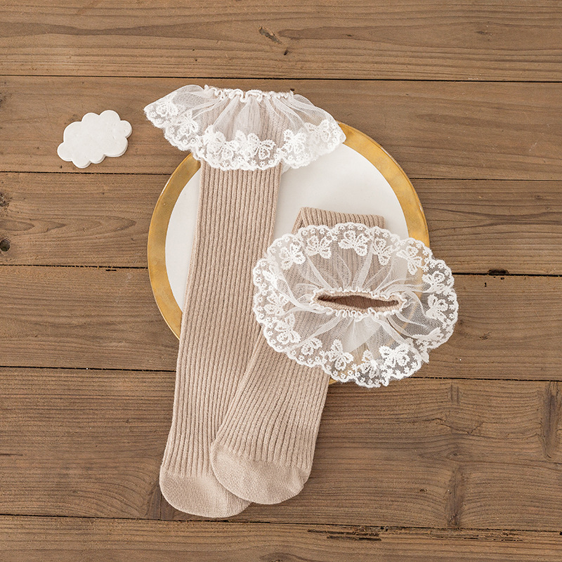 Παιδικές Κάλτσες μέχρι τη Μόσχα Φθινοπωρινές Μονόχρωμες Κορίτσια με Νήμα με Κούκλες και Δαντέλα, Κάλτσες μέχρι το γόνατο, Χτενισμένες Βαμβακερές, Γυναικείες Κάλτσες Treasure