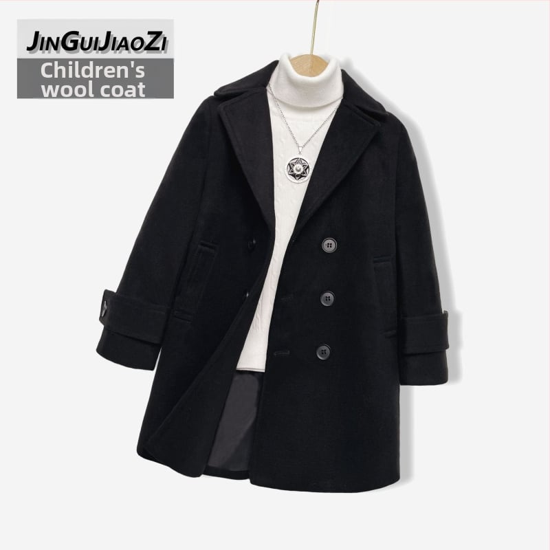 Zēnu vilnas mētelis no kokvilnas un sabiezējuma, rudens un ziemas vilnas mētelis, bērnu korejiešu stila silts vilnas mētelis ar atloku