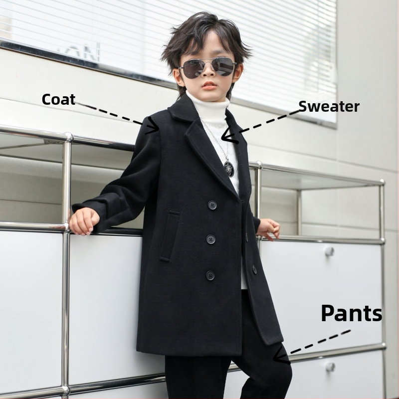 Palton de lână pentru băieți, din bumbac și îngroșare, palton de lână de toamnă și de iarnă, palton cald de lână cu rever în stil coreean pentru copii