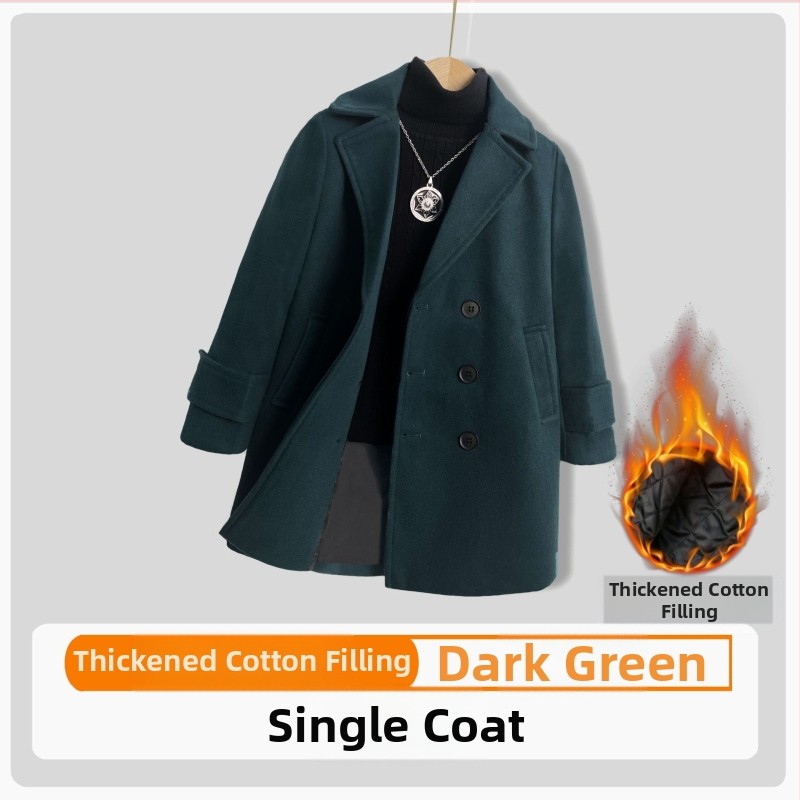 Palton de lână pentru băieți, din bumbac și îngroșare, palton de lână de toamnă și de iarnă, palton cald de lână cu rever în stil coreean pentru copii