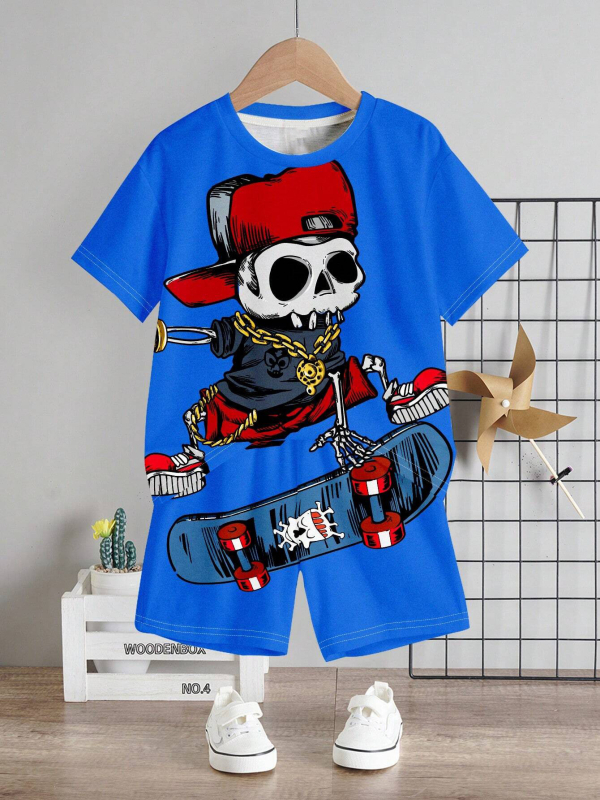 Personalizirano odijelo Ljetno novo za dječake Crtani film Lubanja Medvjed Majica kratkih rukava Kratke hlače Trend RA01 RD01