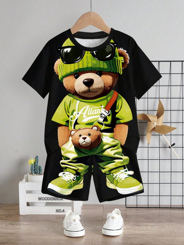 Personalizirano odijelo Ljetno novo za dječake Crtani film Lubanja Medvjed Majica kratkih rukava Kratke hlače Trend RA01 RD01