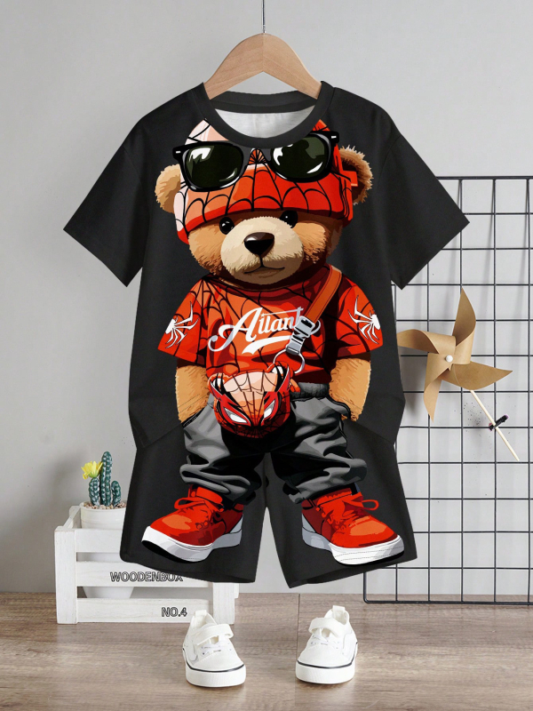 Personalizirano odijelo Ljetno novo za dječake Crtani film Lubanja Medvjed Majica kratkih rukava Kratke hlače Trend RA01 RD01