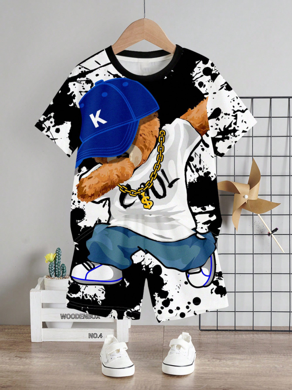 Personalizirano odijelo Ljetno novo za dječake Crtani film Lubanja Medvjed Majica kratkih rukava Kratke hlače Trend RA01 RD01