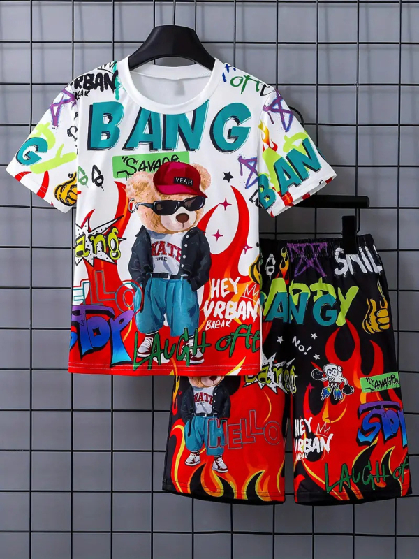 Personalizirano odijelo Ljetno novo za dječake Crtani film Lubanja Medvjed Majica kratkih rukava Kratke hlače Trend RA01 RD01