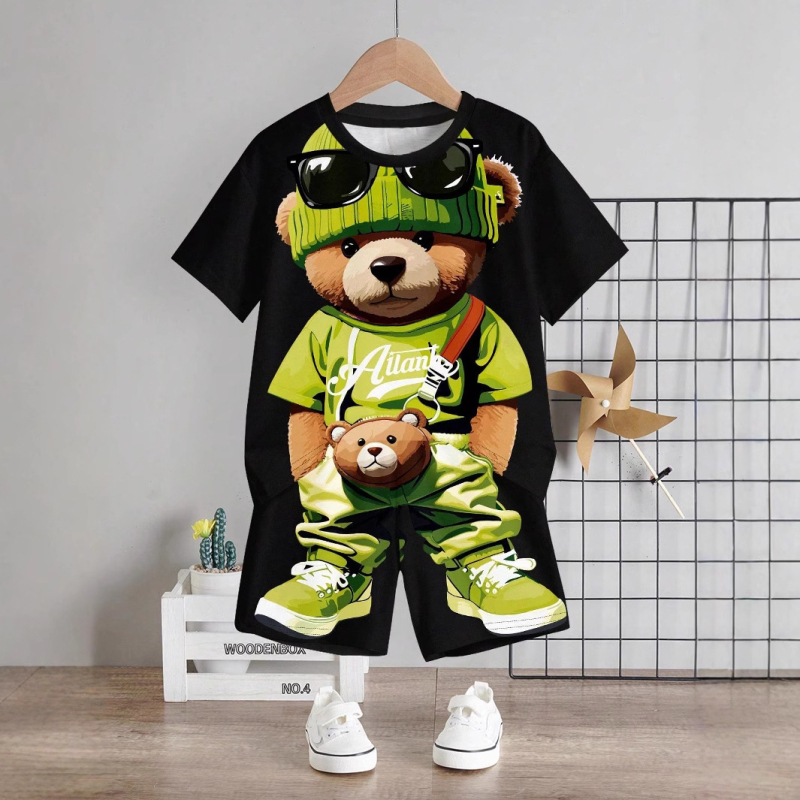 Costum personalizat de vară pentru băieți, tricou cu mânecă scurtă cu desene animate și ursuleț, pantaloni scurți, trend RA01 RD01