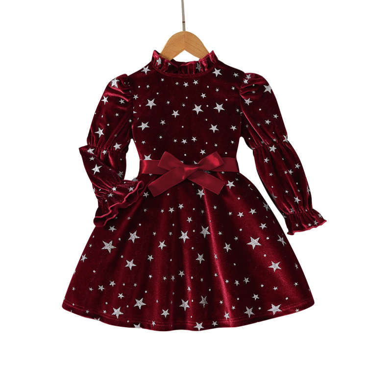 Prekogranična djevojačka baršunasta haljina s dugim rukavima i remenom, s uzorkom zvijezda, nabranim okruglim izrezom i remenom