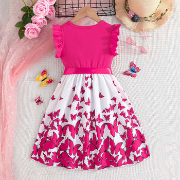 Καλοκαιρινά κορίτσια Νέα Ραφή Εκτύπωσης Πεταλούδας Μονόχρωμο Φόρεμα Αμάνικο με Ζώνη και Δύο Αμάνικα