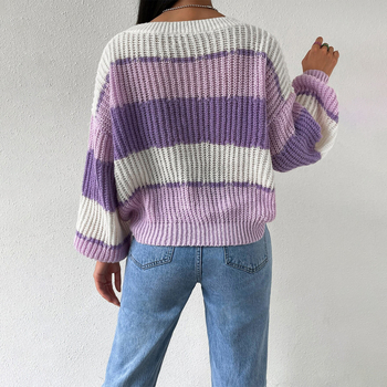 Pulover cu mânecă lungă, stil european și american, transfrontalier, toamnă și iarnă, pulover Amazon, culoare contrastantă, casual, lejer, stil tricotat, top pentru femei