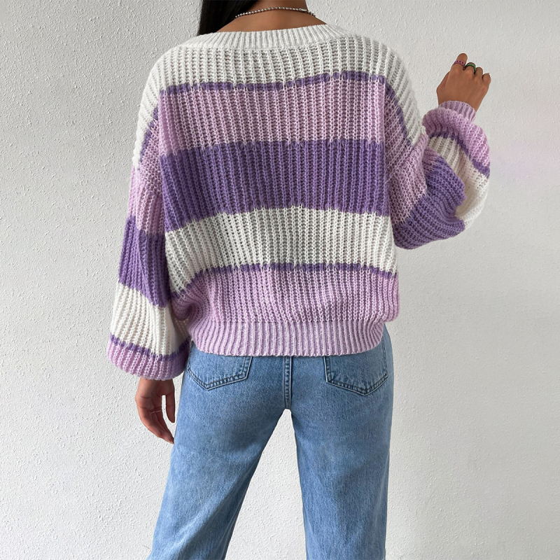 Pulover cu mânecă lungă, stil european și american, transfrontalier, toamnă și iarnă, pulover Amazon, culoare contrastantă, casual, lejer, stil tricotat, top pentru femei