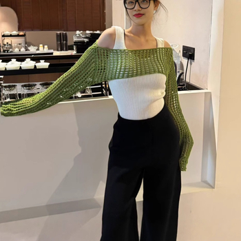 Bluză nouă transfrontalieră Amazon sexy în stil european și american, cu goluri, culoare solidă, cu mânecă lungă, tricotată, top ultra-scurt