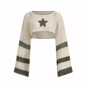 Ευρωπαϊκή και Αμερικανική Άνοιξη Καλοκαίρι Φθινόπωρο Ριγέ Γυναικεία Μπλούζα με Μακρυμάνικο Φαρδύ Πλεκτό, Σε Συνδυασμό Χρωμάτων, Πεντάκτινο Αστέρι, Εκτεθειμένη Μέση, Προοπτική