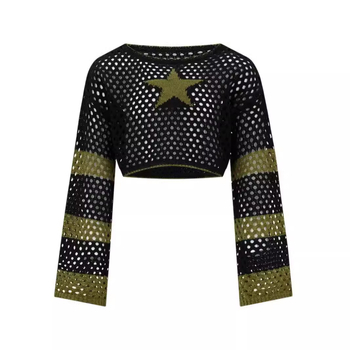 Ευρωπαϊκή και Αμερικανική Άνοιξη Καλοκαίρι Φθινόπωρο Ριγέ Γυναικεία Μπλούζα με Μακρυμάνικο Φαρδύ Πλεκτό, Σε Συνδυασμό Χρωμάτων, Πεντάκτινο Αστέρι, Εκτεθειμένη Μέση, Προοπτική
