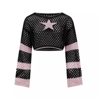Ευρωπαϊκή και Αμερικανική Άνοιξη Καλοκαίρι Φθινόπωρο Ριγέ Γυναικεία Μπλούζα με Μακρυμάνικο Φαρδύ Πλεκτό, Σε Συνδυασμό Χρωμάτων, Πεντάκτινο Αστέρι, Εκτεθειμένη Μέση, Προοπτική