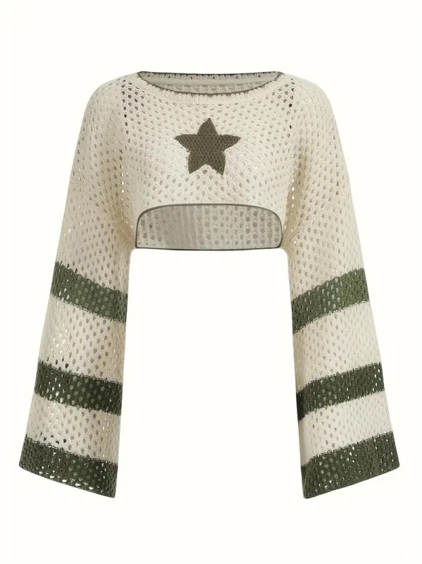 Ευρωπαϊκή και Αμερικανική Άνοιξη Καλοκαίρι Φθινόπωρο Ριγέ Γυναικεία Μπλούζα με Μακρυμάνικο Φαρδύ Πλεκτό, Σε Συνδυασμό Χρωμάτων, Πεντάκτινο Αστέρι, Εκτεθειμένη Μέση, Προοπτική