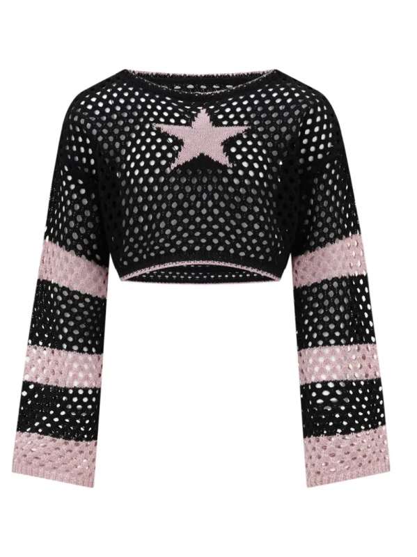 Ευρωπαϊκή και Αμερικανική Άνοιξη Καλοκαίρι Φθινόπωρο Ριγέ Γυναικεία Μπλούζα με Μακρυμάνικο Φαρδύ Πλεκτό, Σε Συνδυασμό Χρωμάτων, Πεντάκτινο Αστέρι, Εκτεθειμένη Μέση, Προοπτική