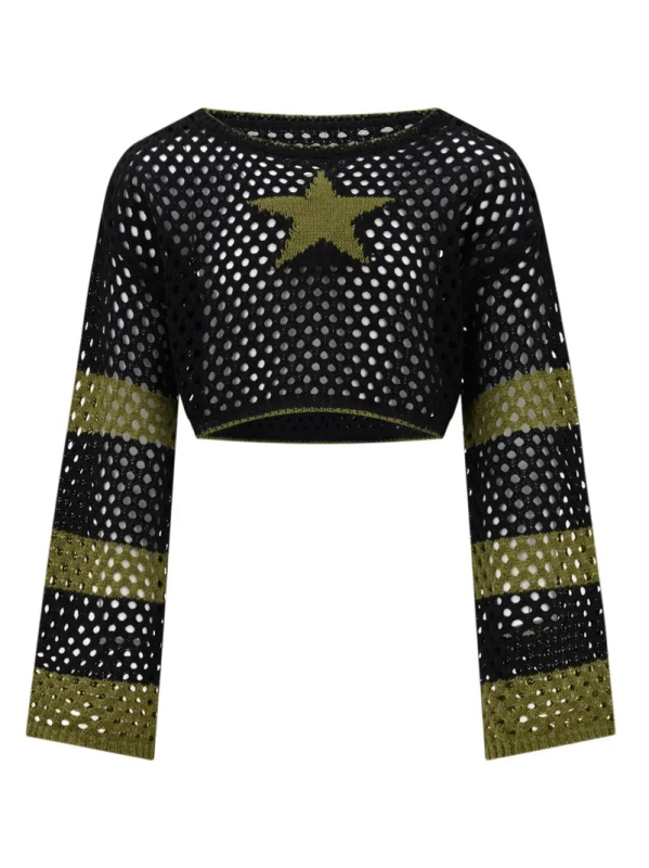 Ευρωπαϊκή και Αμερικανική Άνοιξη Καλοκαίρι Φθινόπωρο Ριγέ Γυναικεία Μπλούζα με Μακρυμάνικο Φαρδύ Πλεκτό, Σε Συνδυασμό Χρωμάτων, Πεντάκτινο Αστέρι, Εκτεθειμένη Μέση, Προοπτική