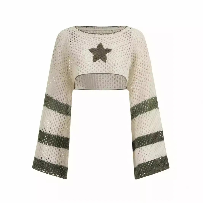 Ευρωπαϊκή και Αμερικανική Άνοιξη Καλοκαίρι Φθινόπωρο Ριγέ Γυναικεία Μπλούζα με Μακρυμάνικο Φαρδύ Πλεκτό, Σε Συνδυασμό Χρωμάτων, Πεντάκτινο Αστέρι, Εκτεθειμένη Μέση, Προοπτική