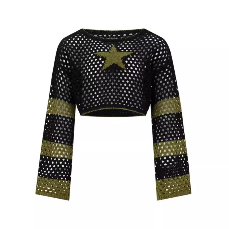 Ευρωπαϊκή και Αμερικανική Άνοιξη Καλοκαίρι Φθινόπωρο Ριγέ Γυναικεία Μπλούζα με Μακρυμάνικο Φαρδύ Πλεκτό, Σε Συνδυασμό Χρωμάτων, Πεντάκτινο Αστέρι, Εκτεθειμένη Μέση, Προοπτική