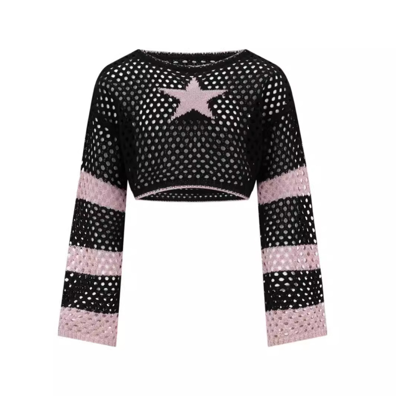 Ευρωπαϊκή και Αμερικανική Άνοιξη Καλοκαίρι Φθινόπωρο Ριγέ Γυναικεία Μπλούζα με Μακρυμάνικο Φαρδύ Πλεκτό, Σε Συνδυασμό Χρωμάτων, Πεντάκτινο Αστέρι, Εκτεθειμένη Μέση, Προοπτική