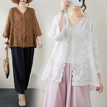 Real Shot Καλοκαιρινό Νέο Καλλιτεχνικό Ρετρό Niche Casual All-match Heavy Industry Κεντημένο Loose Casual Cardigan Βαμβακερό Τοπ