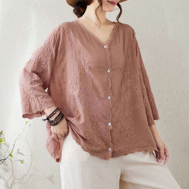 Real Shot Καλοκαιρινό Νέο Καλλιτεχνικό Ρετρό Niche Casual All-match Heavy Industry Κεντημένο Loose Casual Cardigan Βαμβακερό Τοπ