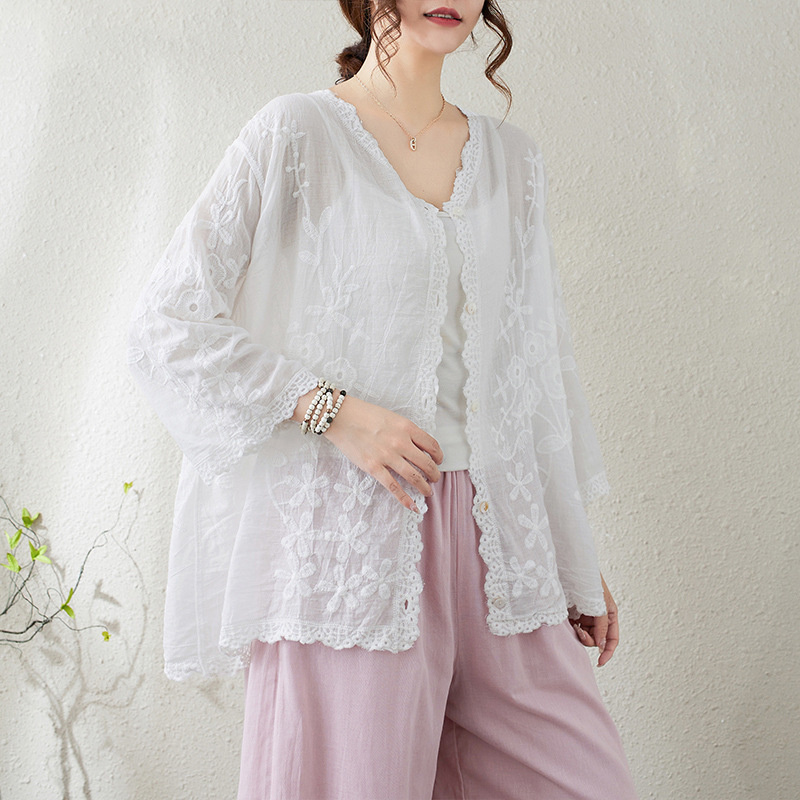 Real Shot Καλοκαιρινό Νέο Καλλιτεχνικό Ρετρό Niche Casual All-match Heavy Industry Κεντημένο Loose Casual Cardigan Βαμβακερό Τοπ