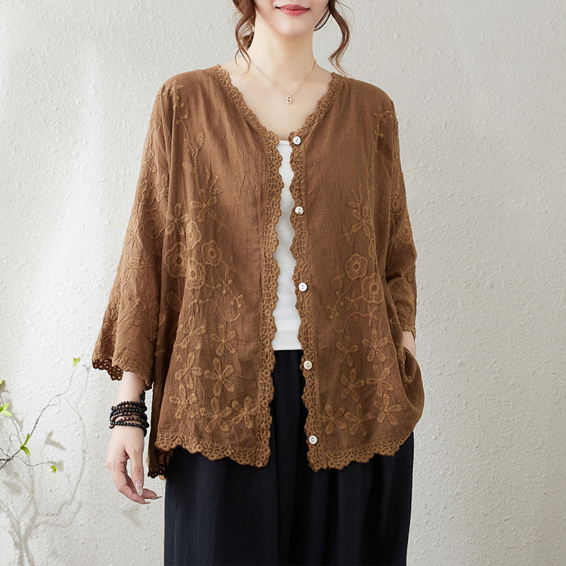 Real Shot Καλοκαιρινό Νέο Καλλιτεχνικό Ρετρό Niche Casual All-match Heavy Industry Κεντημένο Loose Casual Cardigan Βαμβακερό Τοπ