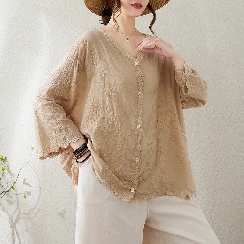 Real Shot Καλοκαιρινό Νέο Καλλιτεχνικό Ρετρό Niche Casual All-match Heavy Industry Κεντημένο Loose Casual Cardigan Βαμβακερό Τοπ