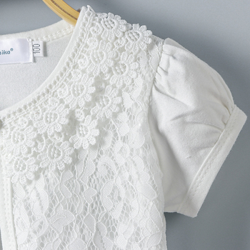 2023 m. vasaros vaikiški megztiniai mergaitėms, medvilniniai trumpomis rankovėmis, apsaugantys nuo saulės, dideli, maži ir vidutinio dydžio vaikiški nėriniuoti marškinėliai su oro kondicionieriumi, skara