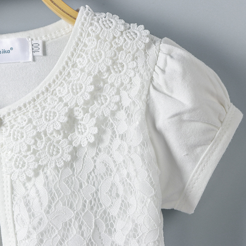 2023 m. vasaros vaikiški megztiniai mergaitėms, medvilniniai trumpomis rankovėmis, apsaugantys nuo saulės, dideli, maži ir vidutinio dydžio vaikiški nėriniuoti marškinėliai su oro kondicionieriumi, skara