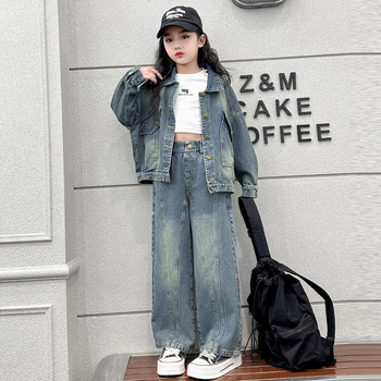 Mergaitės pavasarinis džinsinis paltas berniukui, 2024 m. pavasario ir rudens retro stiliaus korėjietiško stiliaus madingas mergaičių megztinis berniukui.