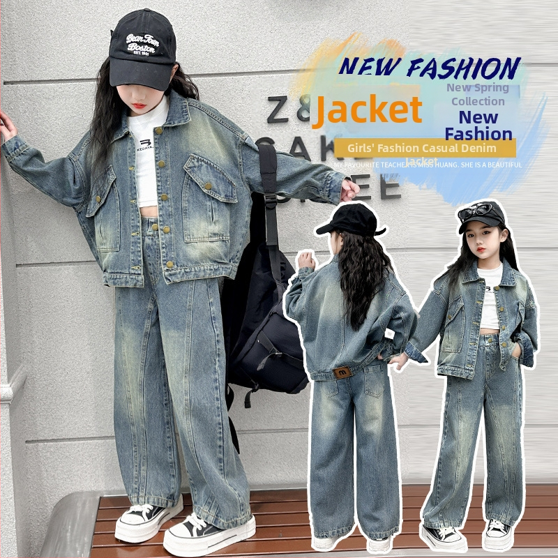 Mergaitės pavasarinis džinsinis paltas berniukui, 2024 m. pavasario ir rudens retro stiliaus korėjietiško stiliaus madingas mergaičių megztinis berniukui.