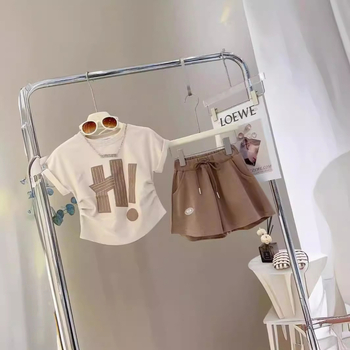 Παιδικό καλοκαιρινό casual κοστούμι για κορίτσια 2024, μπλουζάκι-σορτς σε στιλ γουέστερν, δύο τεμαχίων, νέο αθλητικό κοστούμι