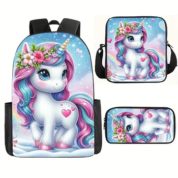 Piiriülene koomiksiga 3D-prinditud ükssarviku koolikott, laste seljakott, algkooliõpilaste nailonist pliiatsikott, kolm-ühes ülikond