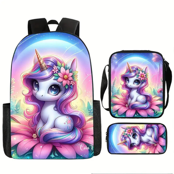 Piiriülene koomiksiga 3D-prinditud ükssarviku koolikott, laste seljakott, algkooliõpilaste nailonist pliiatsikott, kolm-ühes ülikond