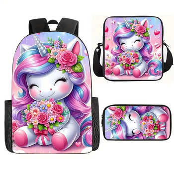 Piiriülene koomiksiga 3D-prinditud ükssarviku koolikott, laste seljakott, algkooliõpilaste nailonist pliiatsikott, kolm-ühes ülikond