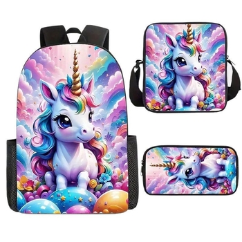 Piiriülene koomiksiga 3D-prinditud ükssarviku koolikott, laste seljakott, algkooliõpilaste nailonist pliiatsikott, kolm-ühes ülikond