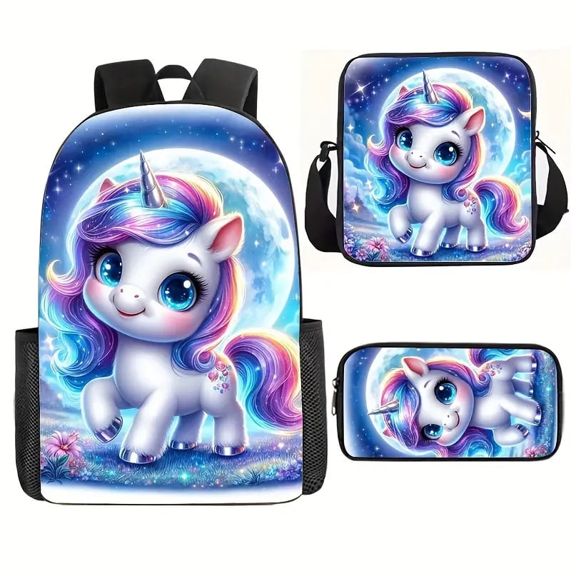 Piiriülene koomiksiga 3D-prinditud ükssarviku koolikott, laste seljakott, algkooliõpilaste nailonist pliiatsikott, kolm-ühes ülikond