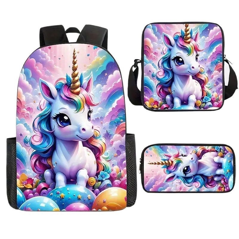 Piiriülene koomiksiga 3D-prinditud ükssarviku koolikott, laste seljakott, algkooliõpilaste nailonist pliiatsikott, kolm-ühes ülikond