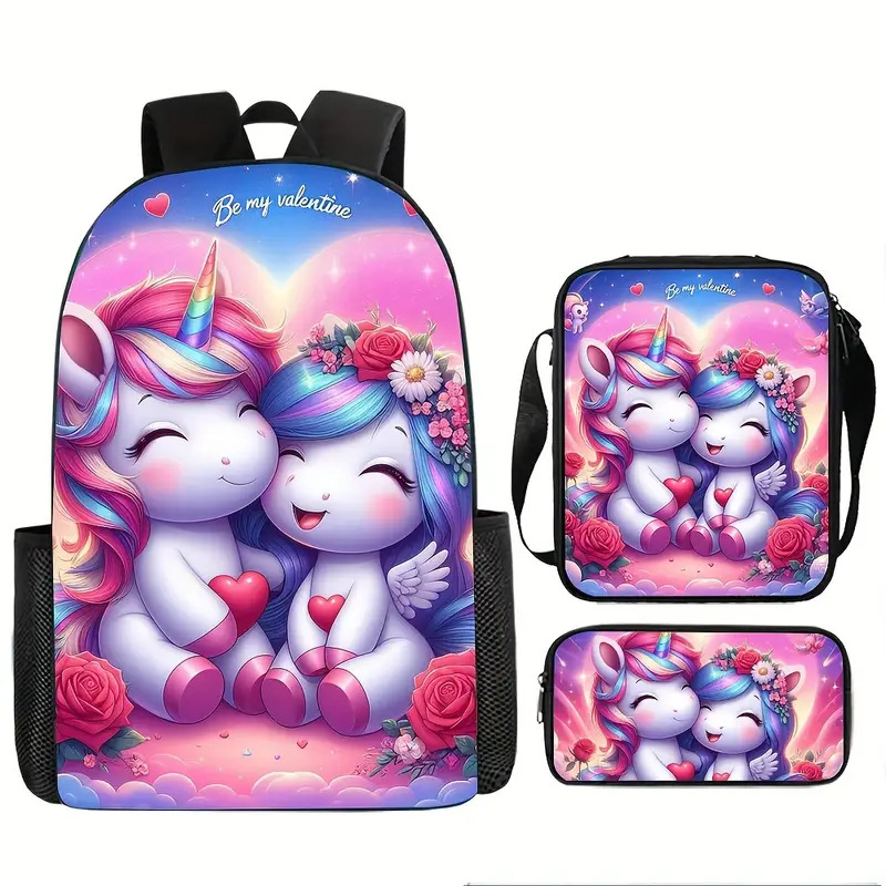 Piiriülene koomiksiga 3D-prinditud ükssarviku koolikott, laste seljakott, algkooliõpilaste nailonist pliiatsikott, kolm-ühes ülikond