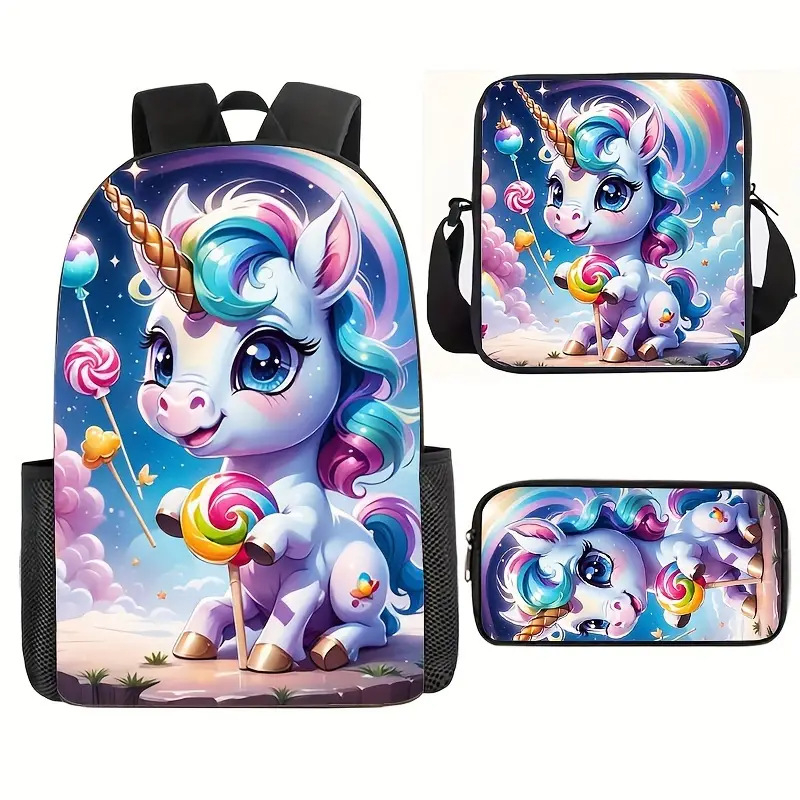 Piiriülene koomiksiga 3D-prinditud ükssarviku koolikott, laste seljakott, algkooliõpilaste nailonist pliiatsikott, kolm-ühes ülikond