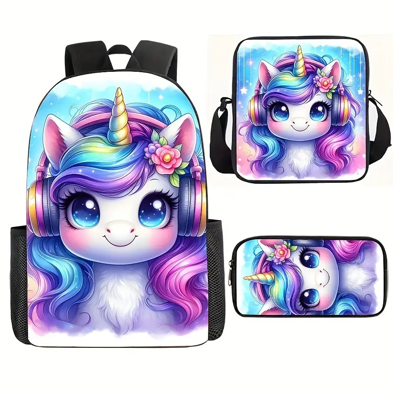 Piiriülene koomiksiga 3D-prinditud ükssarviku koolikott, laste seljakott, algkooliõpilaste nailonist pliiatsikott, kolm-ühes ülikond