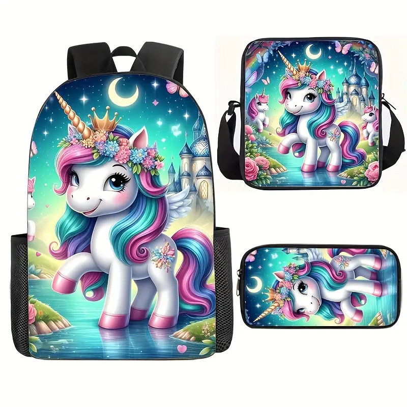 Piiriülene koomiksiga 3D-prinditud ükssarviku koolikott, laste seljakott, algkooliõpilaste nailonist pliiatsikott, kolm-ühes ülikond