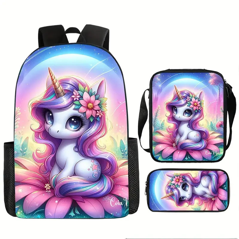 Piiriülene koomiksiga 3D-prinditud ükssarviku koolikott, laste seljakott, algkooliõpilaste nailonist pliiatsikott, kolm-ühes ülikond