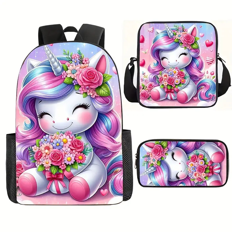 Piiriülene koomiksiga 3D-prinditud ükssarviku koolikott, laste seljakott, algkooliõpilaste nailonist pliiatsikott, kolm-ühes ülikond