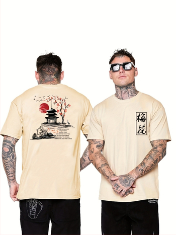 Tricou cu imprimeu de caractere chinezești Prună, tricou bărbătesc, vară, primăvară, toamnă, tricou casual cu mânecă scurtă, jachetă