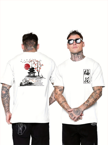 Tricou cu imprimeu de caractere chinezești Prună, tricou bărbătesc, vară, primăvară, toamnă, tricou casual cu mânecă scurtă, jachetă