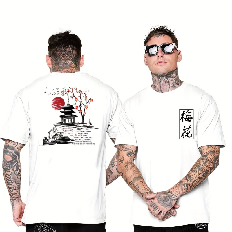 Tricou cu imprimeu de caractere chinezești Prună, tricou bărbătesc, vară, primăvară, toamnă, tricou casual cu mânecă scurtă, jachetă